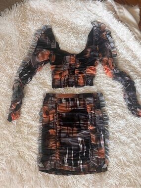 Ruched Two-Piece Skirt Set in Black and Rust-Orange